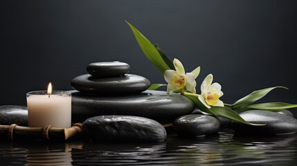 Obraz na płótnie Canvas Tranquil flow bamboo and black stones create serene spa imagery