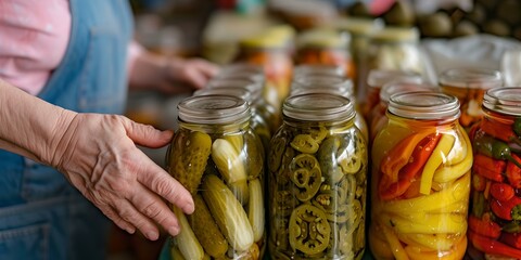 Artisanal home canning process, fresh produce in jars, kitchen preserves scene. handmade food preparation, homely atmosphere. AI - obrazy, fototapety, plakaty