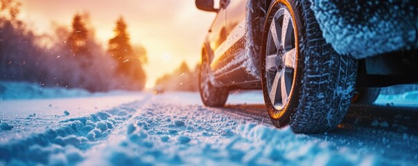 Closeup side view of car with winter tires on a road covered with snow, blurry snowy background. - Powered by Adobe