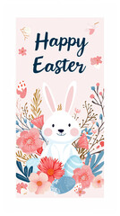 
Easter poster with a bunny, flowers and eggs, pastel colors, modern, black background with text: "Happy Easter" 