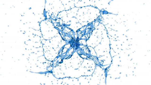Eight water or antifreeze drops colliding with splash on white background. Slow motion. Antifreeze visualization. Blue liquid.