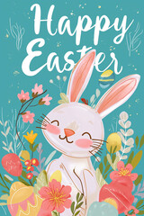 Obraz premium Easter poster with a bunny, flowers and eggs, pastel colors, modern, black background with text: 