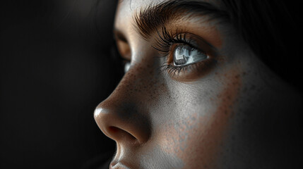 Close-up of a young businesswoman's reflective moment, solid charcoal background. 