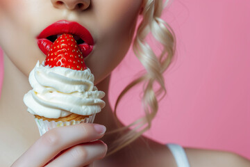 sexy woman with red lips eats strawberrie with whipped cream. seductive, sensual advertising of intimate goods, sexology, sex shop - obrazy, fototapety, plakaty