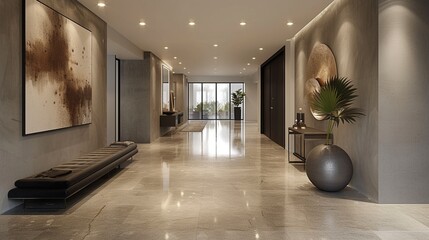  A sleek hallway with polished concrete floors and recessed lighting.