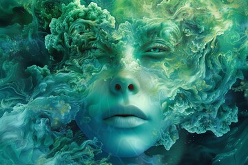 Psychedelic Fractal Portrait Exploring Consciousness in Green and Blue