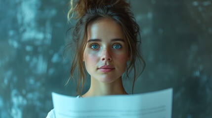 Close-up of a young businesswoman's thoughtful look while reading a report, solid slate background. 