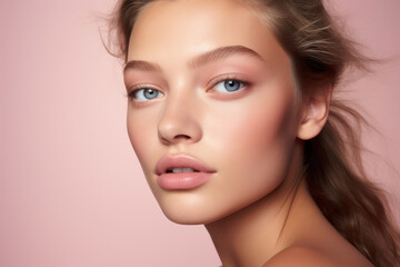 Fototapeta premium Sensual Beauty: Fresh-faced Model with Perfect Skin and Bright Hair, Cosmetology and Health Care, Natural Makeup and Wellness