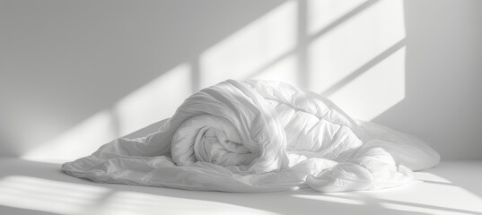 White folded duvet on bed for winter season preparation, household or hotel textile