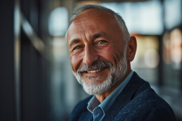 Fototapeta premium Cheerful Caucasian Senior Man with Smiling Face and Grey Beard, exuding Confidence and Happiness, posing outdoors, looking photogenic and attractive.