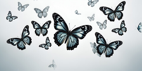 A collection of butterflies with black and white coloring.,Seamless border banner with abstract black silhouette of cute flying butterflies isolated on white background for decorative
