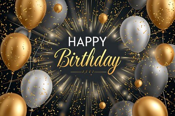 golden and Silver Balloons with Sparkling ‘Happy Birthday’ Text on a Starry Black Background, Perfect for Birthday Celebrations and Invitation