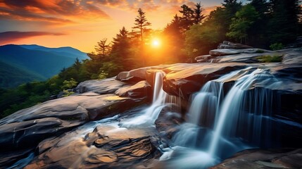 Motion Blur Waterfalls Nature Landscape in Blue Ridge Mountains Sunset with green trees rusty natural orange rocks and flowing water