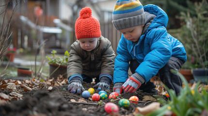 Easter egg hunt, children looking for easter eggs in garden - obrazy, fototapety, plakaty