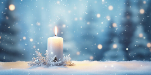 Glowing Candle In Snowy Serenity, New Year Background, Copy Space  .