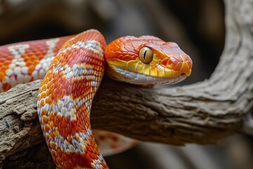 close-up of a orange and yellow corn snake on a branch