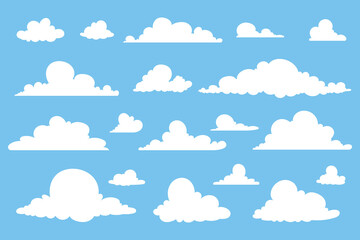 Collection of abstract flat cartoon and fluffy cloud icons. - obrazy, fototapety, plakaty