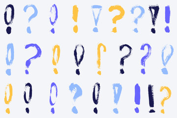 Collection of hand drawn exclamation and question marks.