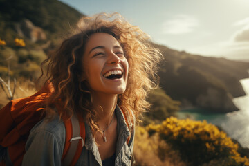 Naklejka premium Young tourist woman enjoying beautiful landscape on the mountain. Holidays and traveling concept.