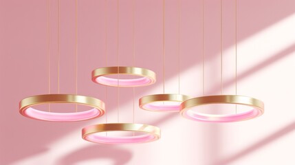 Banner with elements of gold decor in the form of rings on a pink background. Symbol of spring March, greeting card.Happy International Women's Day.