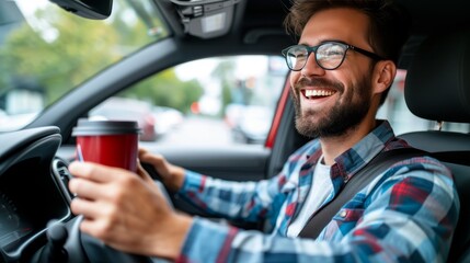 Young man driving car with a cup of coffee to go in hand, enjoying his morning commute - obrazy, fototapety, plakaty