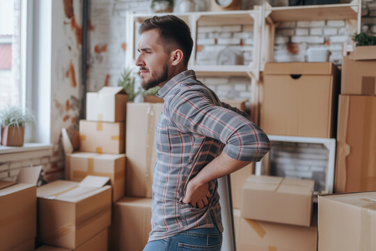 Worker suffering back pain while lifting heavy boxes on moving home day. Relocation Work