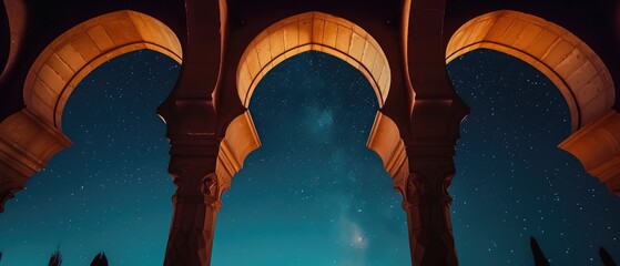 A close-up view of elegant Arabian arches against a clear night sky. Ramadan Kareem background with mosque arch. Islamic greeting Eid Mubarak cards for Muslim Holidays festival celebration. - Powered by Adobe