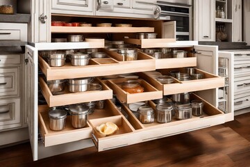 Optimize kitchen storage with pull-out pantry shelves and built-in organizers 