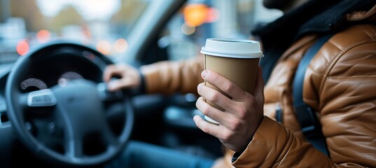 Fototapeta na wymiar Young man driving car with coffee to go cup in hand concept of mobility and convenience