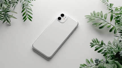 Smartphone with blank screen mockup and green leaves on white background - Powered by Adobe
