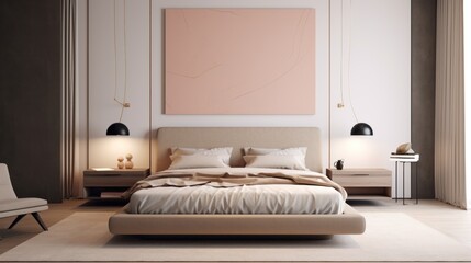 A sleek modern bedroom interior design, featuring a large abstract art piece above a minimalist bed setup.
