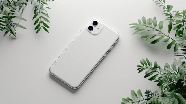 Smartphone with blank screen mockup and green leaves on white background