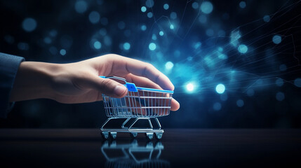 hand reach out to touch or click the shopping cart icon indicates online shopping spending via digital wallets or mobile banking through various online marketing systems and technology platforms