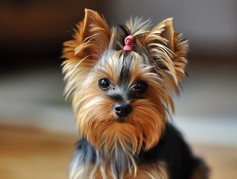 A charming Yorkshire Terrier with a cute pink bow, showcasing the breed's silky coat and the common practice of adorning these pets with accessories.