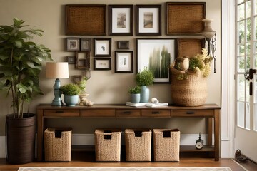 Design a functional entryway with a stylish console table and organizational baskets  - obrazy, fototapety, plakaty
