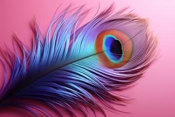 A single peacock feather displaying its stunning eye pattern on a vibrant pink background.