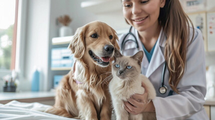 Smiling veterinarian and golden retriever dog looking at cat in vet clinic