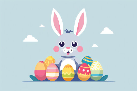 Hoppy Easter: A Charming Cartoon Bunny Celebrating the Festive Holiday with Colorful Eggs in a Beautiful Springtime Illustration.