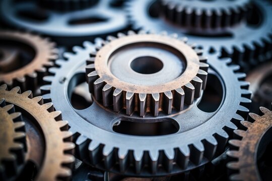 Close-up of assorted metal gears, showcasing industrial engineering and mechanical design.
