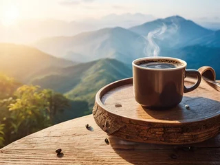 Zelfklevend Fotobehang Hot coffee cup sits on a wooden floor amidst the mountains. © Thachakrit