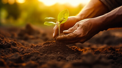 Farmer's hands planting a sapling into a soil. Environmental conservation. Reforestation concept. Ecosystem restoration.  - obrazy, fototapety, plakaty