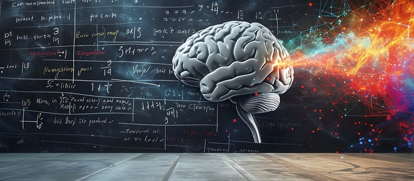 a human brain with mathematical equations in the background, representing the connection between logic and creativity. The brain is colored with different shades to show the different regions 