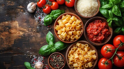 Obraz na płótnie Canvas Food background. Italian food background with pasta, ravioli, tomatoes, olives and basil