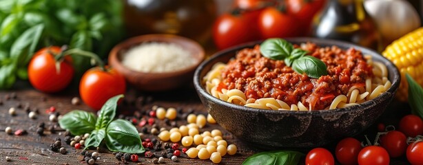Food background. Italian food background with pasta, ravioli, tomatoes, olives and basil