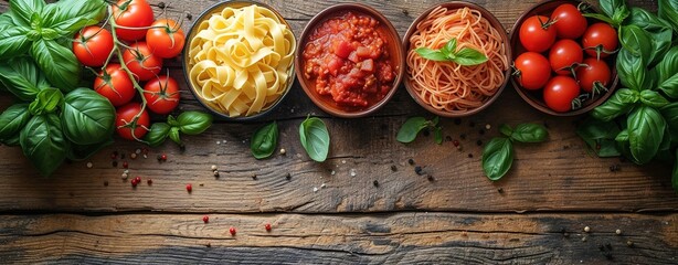 Food background. Italian food background with pasta, ravioli, tomatoes, olives and basil - obrazy, fototapety, plakaty