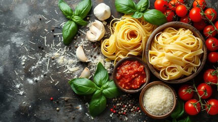 Fototapeta na wymiar Food background. Italian food background with pasta, ravioli, tomatoes, olives and basil
