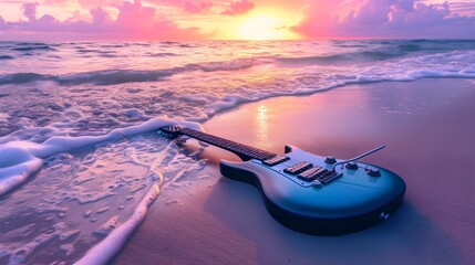 electric guitar on the beach - obrazy, fototapety, plakaty