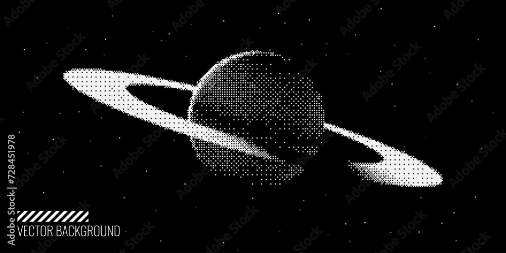 Poster pixel art stylized saturn planet with rings. black space background. universe and space travel conce