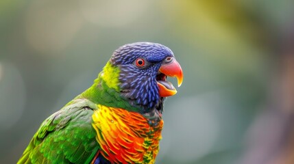 Side view of a beautiful colorful Papagai parrot bird in blurred background