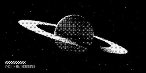Pixel Art Stylized Saturn Planet with Rings. Black Space Background. Universe and Space Travel Concept. Minimal Pixel Art Style Vector Space Illustration. © ec0de